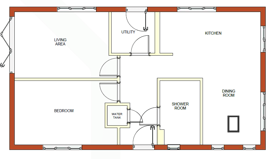 Floor plan of a small, well-equipped granny annexe.