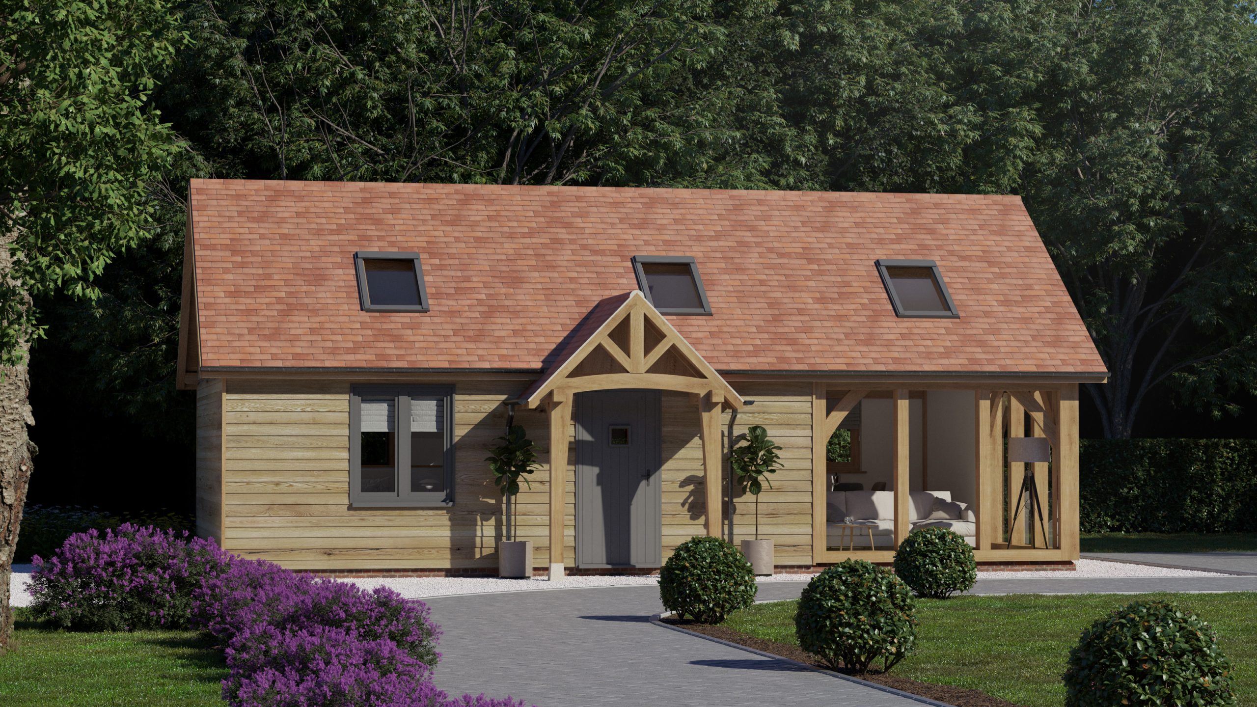 Charming granny annexe amid trees, ideal for extended family living.