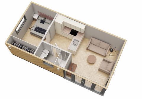 Compact granny annexe floor plan with essential living spaces.