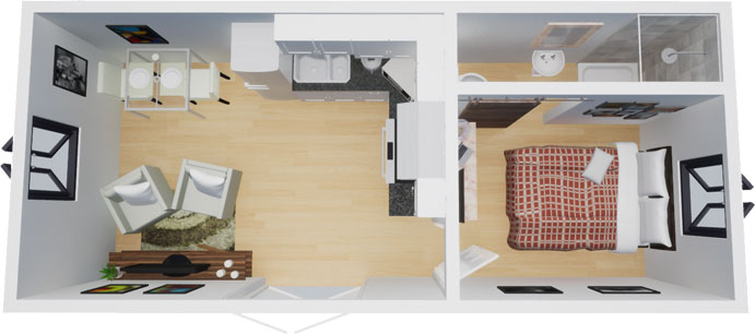 Compact granny annexe floor plan with essential living spaces.