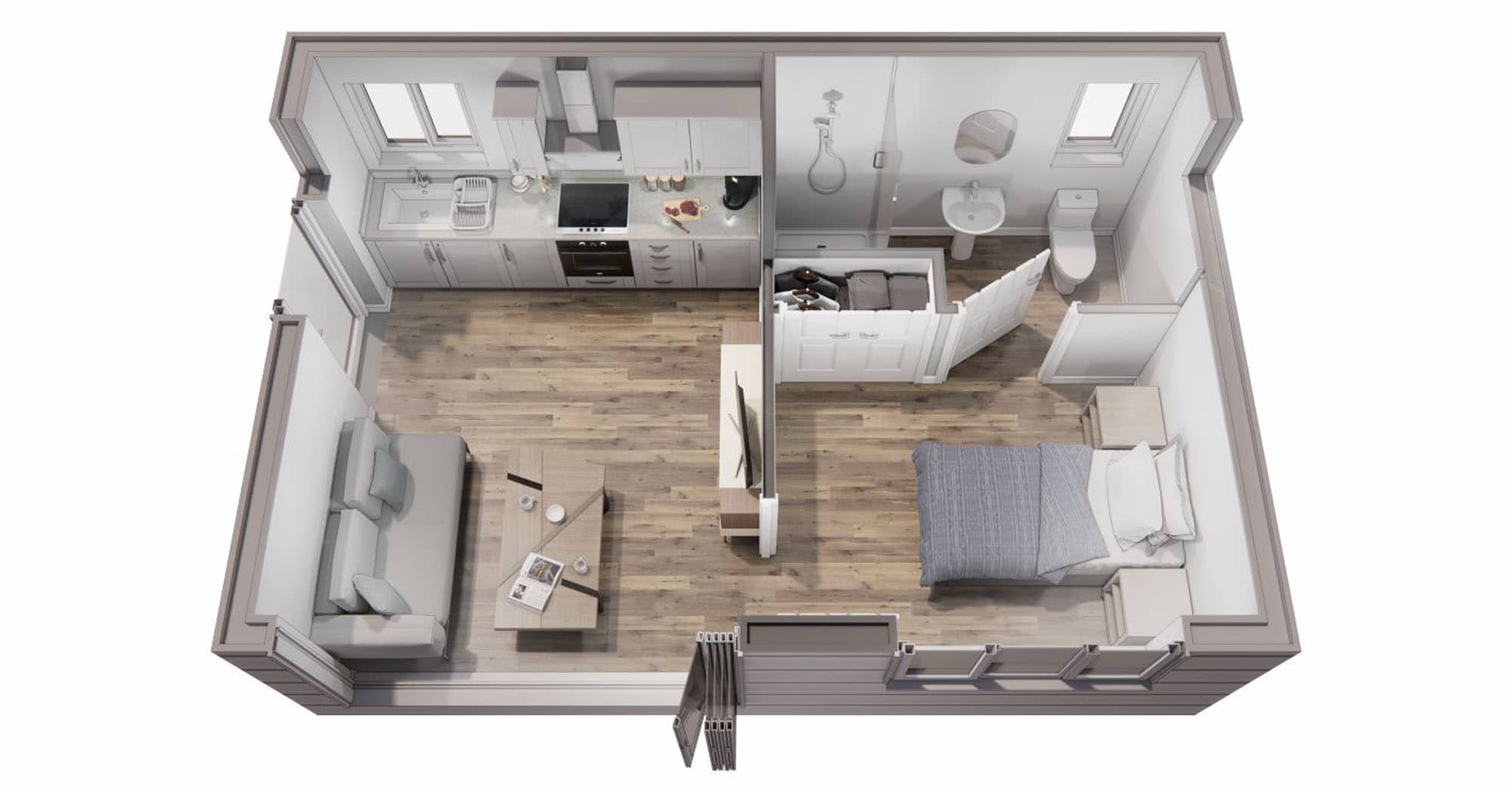 Compact granny annexe layout with essential living facilities.