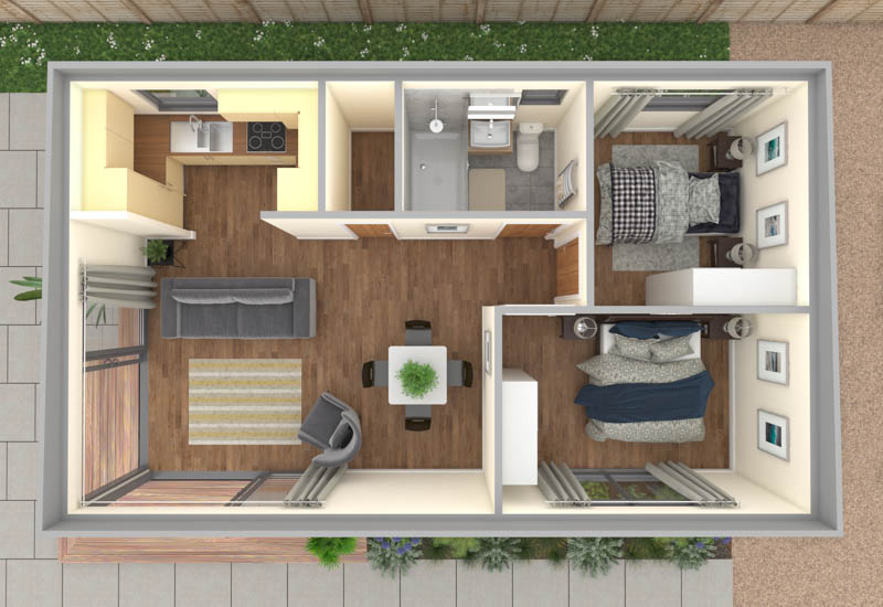 Compact granny annexe layout with modern living spaces and garden.