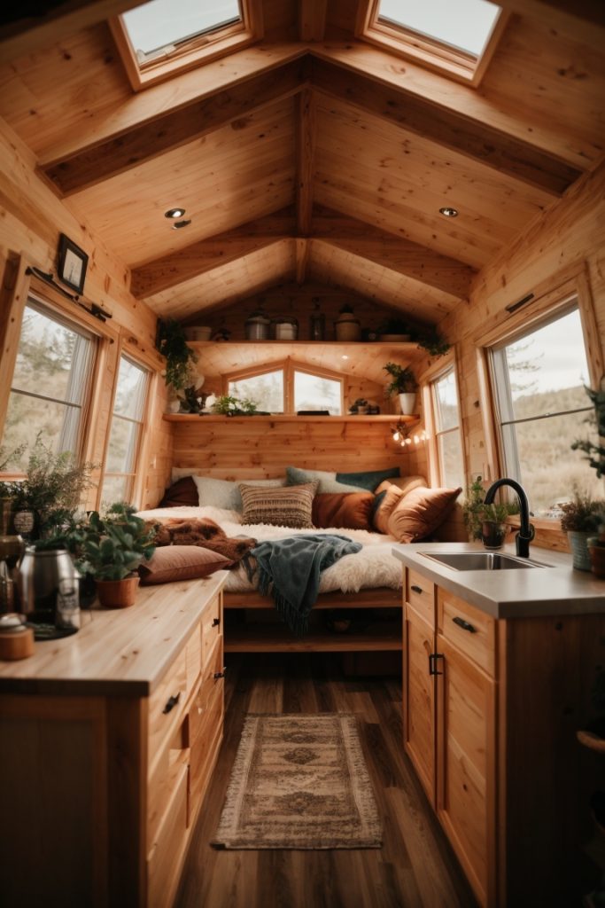 Cozy, wooden tiny home interior with ample natural light.