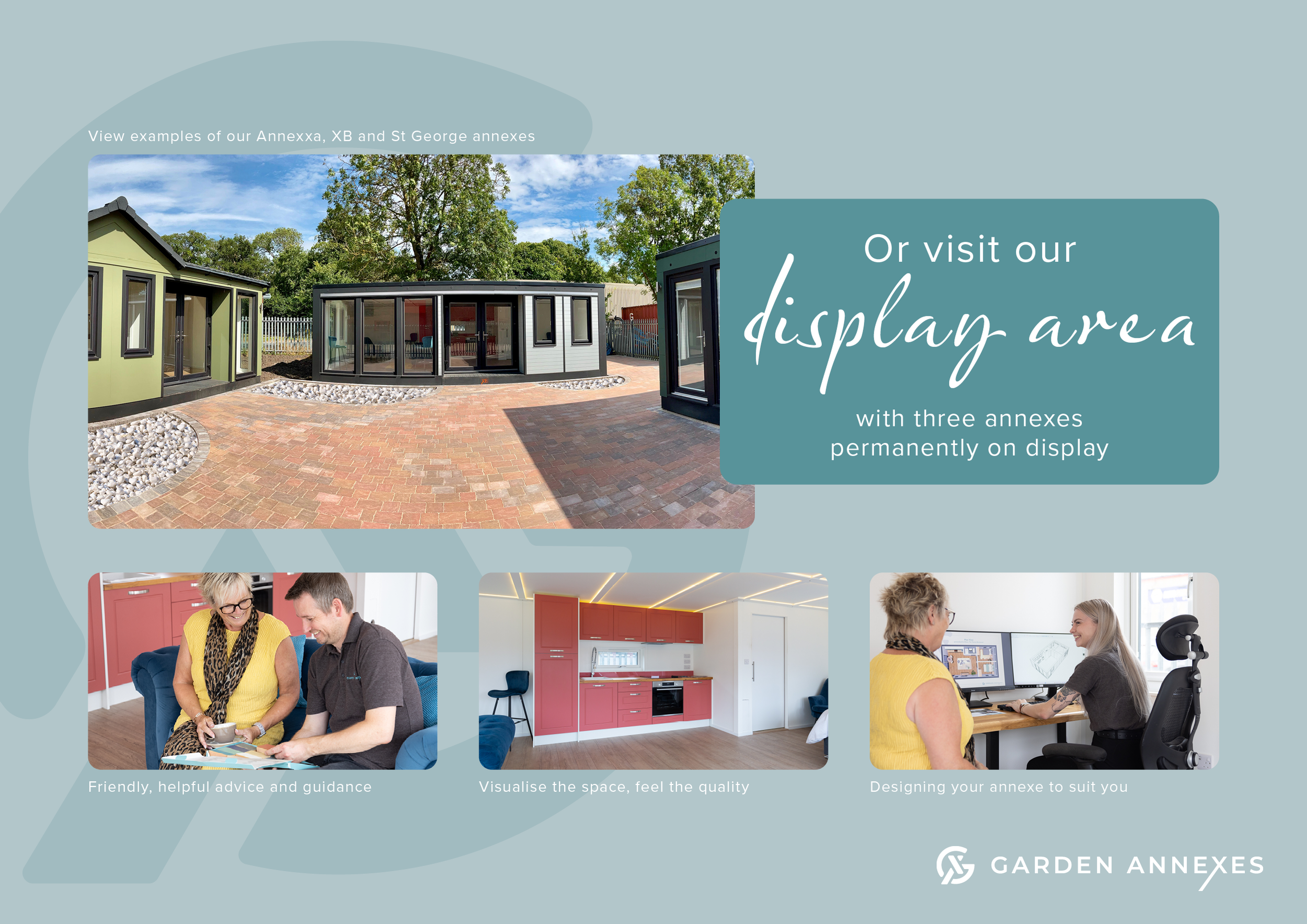 Display area of modern granny annexes with consultation services.