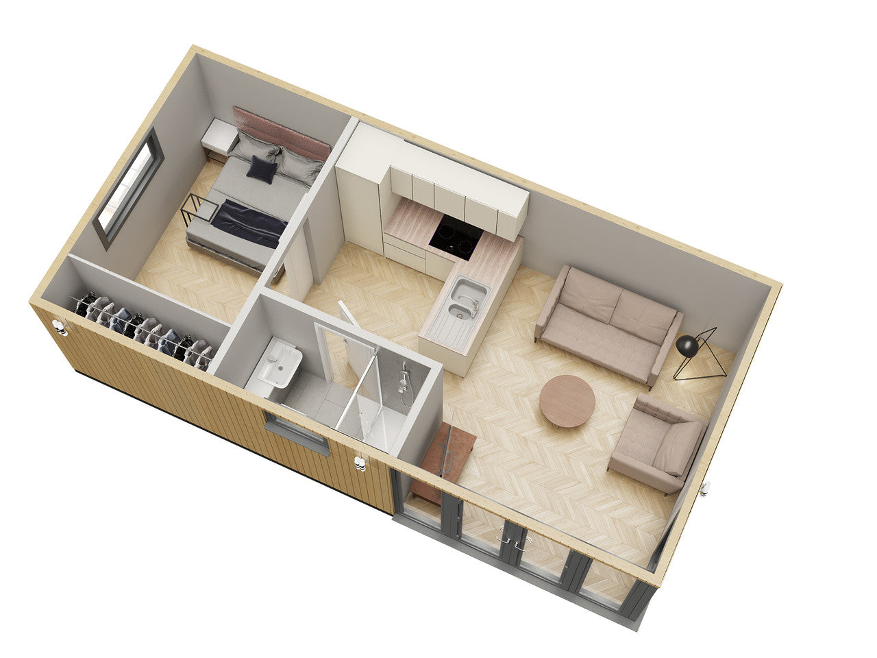 Efficient granny annexe floor plan integrating bedroom, bath, and kitchen.