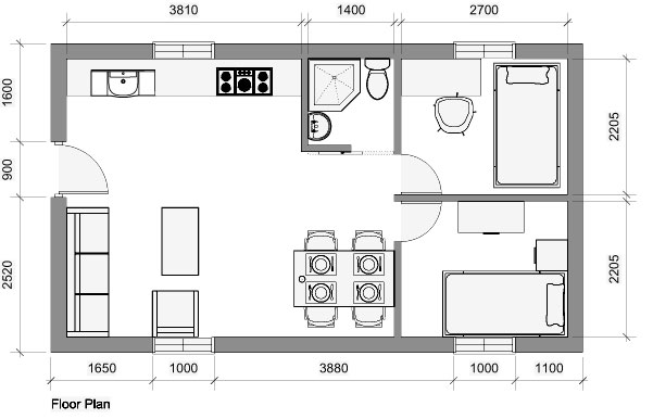 Efficient granny annexe floor plan with labeled dimensions.