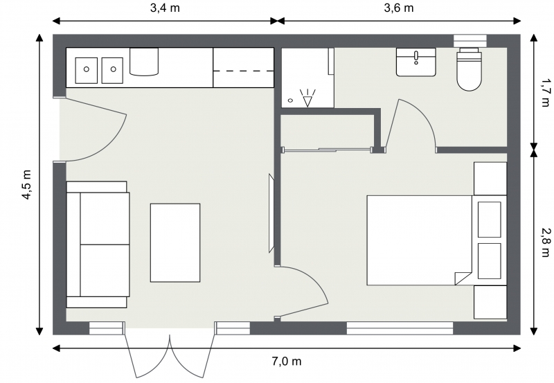 Efficient granny annexe layout with dimensions and furniture placement.
