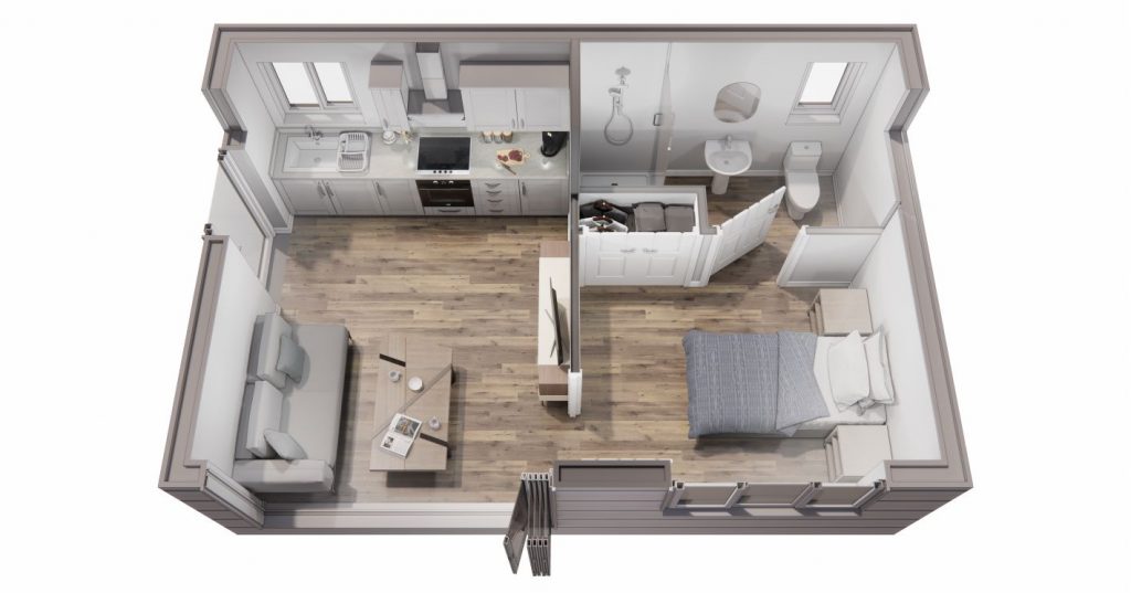 Efficient granny annexe layout with essential living areas included.