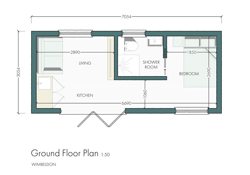 Efficient granny annexe layout with kitchen, living space, and bedroom.