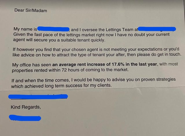Letter offers advice on securing tenants for property rentals.
