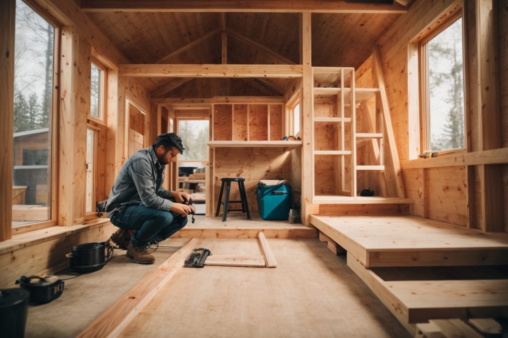 Man constructing a tiny wooden home interior.