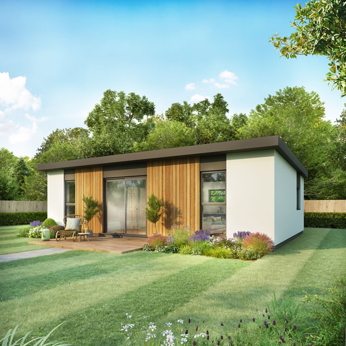 Modern garden granny annexe with elegant wooden accents and landscaping.