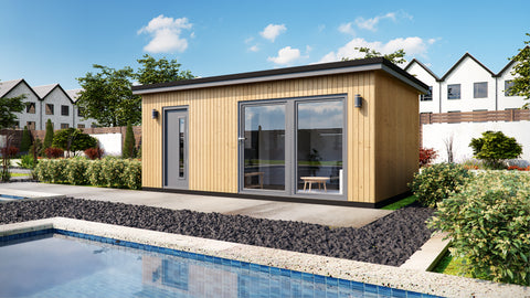 Modern granny annexe by poolside, stylish and compact living solution.