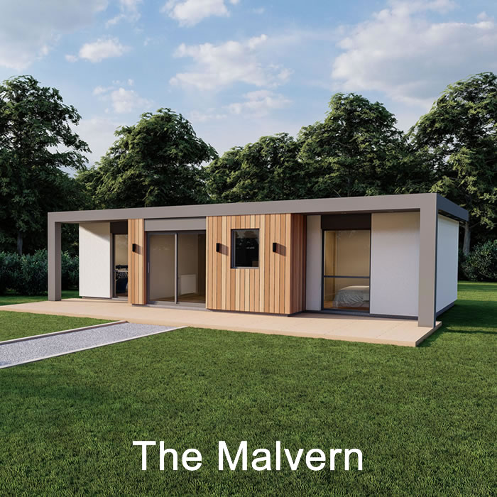 Modern granny annexe design with natural wood accents and landscaping.