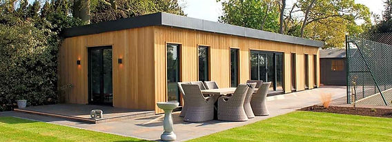Modern granny annexe in garden, planning permission considerations highlighted.