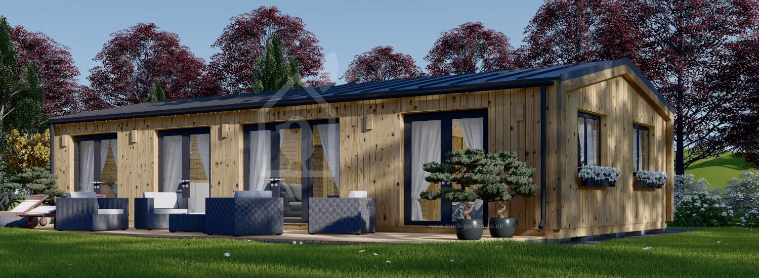 Modern granny annexe in lush garden setting with amenities.