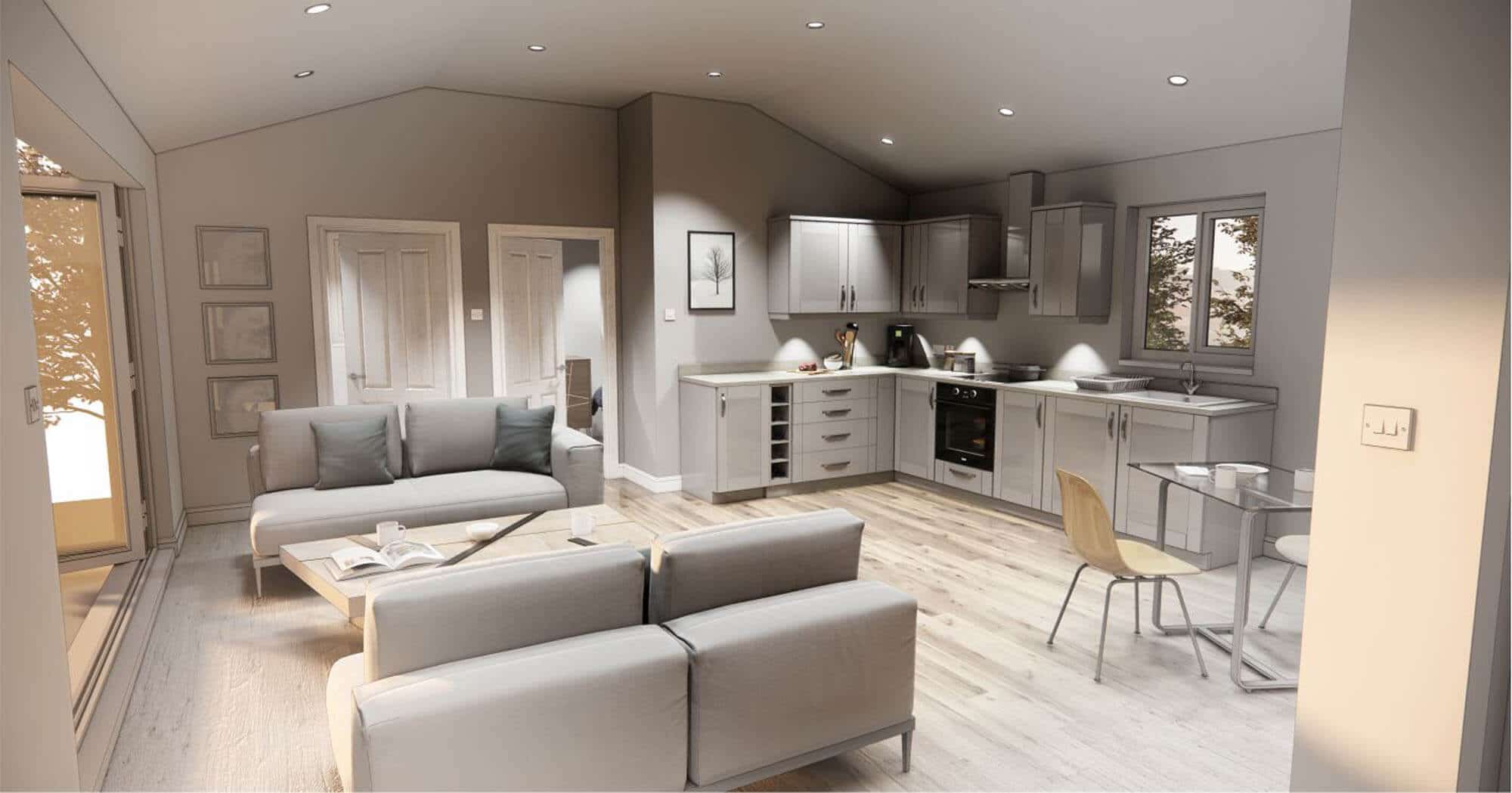 Modern granny annexe interior with kitchen and living space.