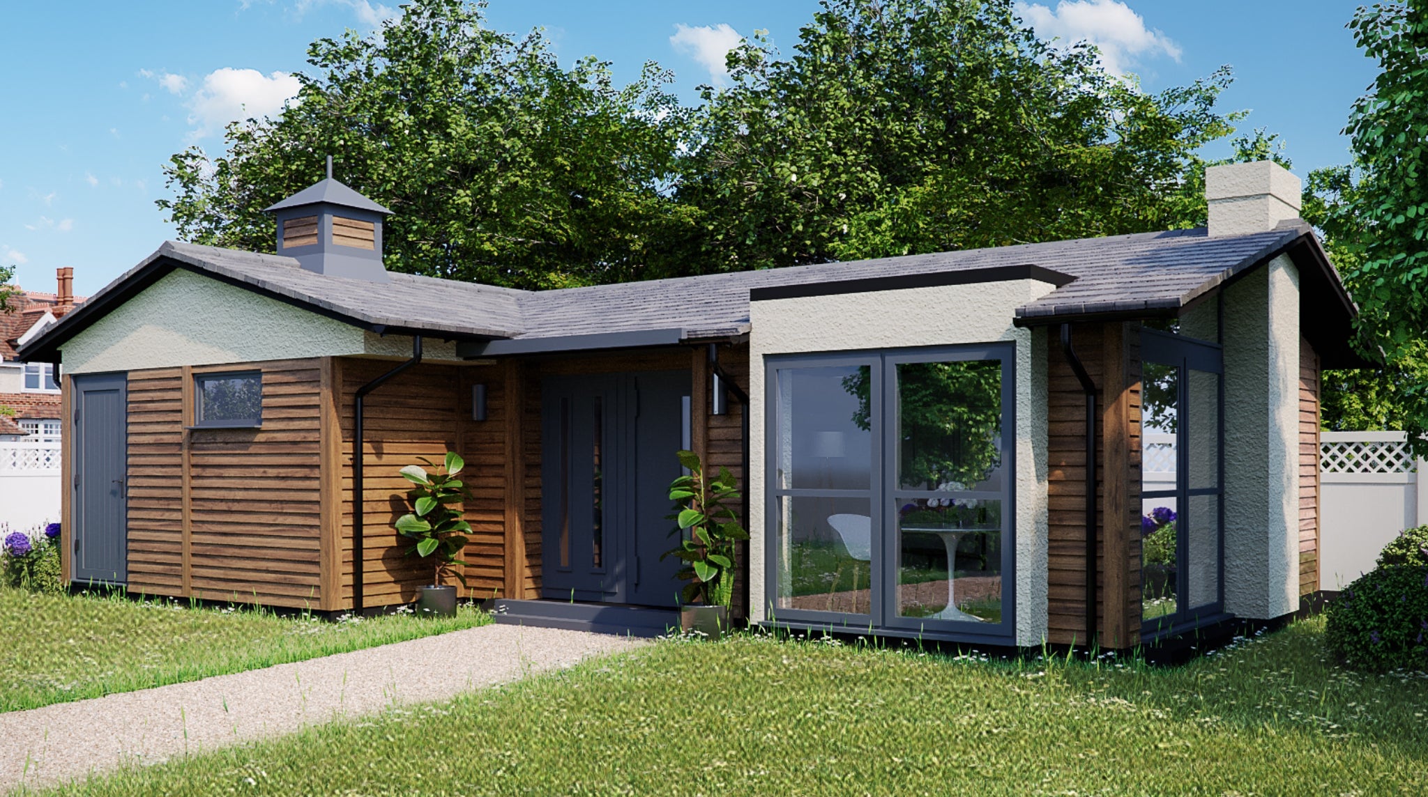 Modern granny annexe with garden in suburban setting.